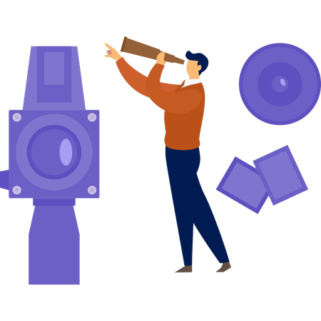 Man looking Camera through spyglass  Illustration