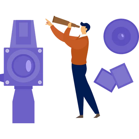 Man looking Camera through spyglass  Illustration