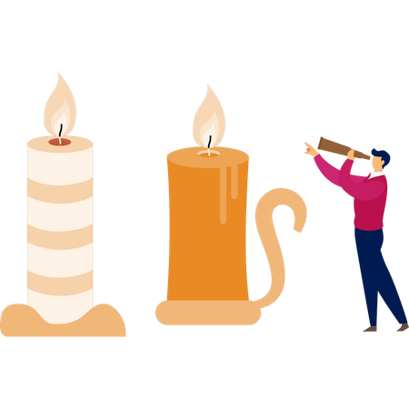 Man looking candle fire with spyglass  Illustration