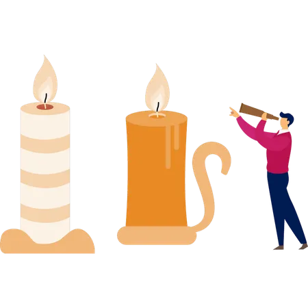 Man looking candle fire with spyglass  Illustration