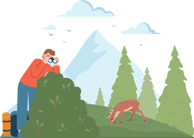 Man looking deer using binoculars  일러스트레이션