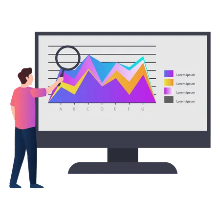 Boy Is Looking For Business Analytics On Monitor Illustration