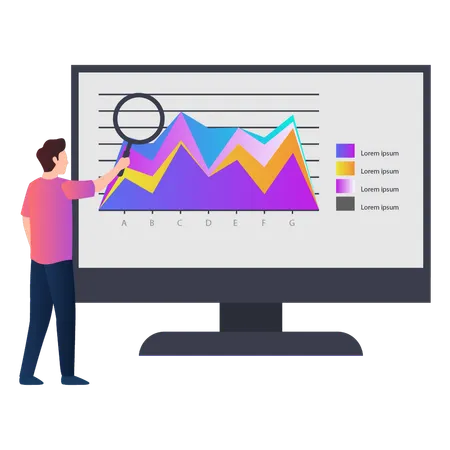 Man looking for business analytics on monitor  Illustration