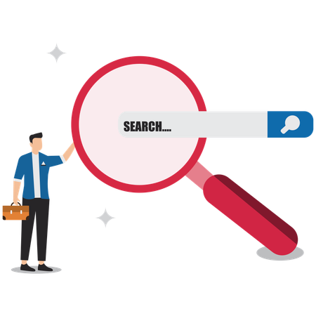 Man looking for job information in search box using magnifying glass  Illustration