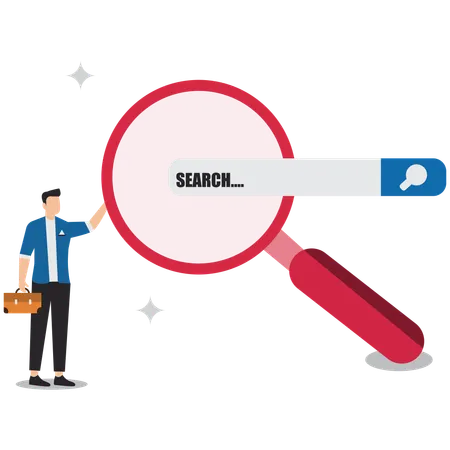 Man looking for job information in search box using magnifying glass  Illustration