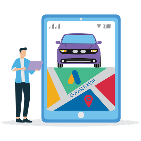 Man looking Google map on laptop  Illustration