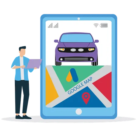 Man looking Google map on laptop  Illustration
