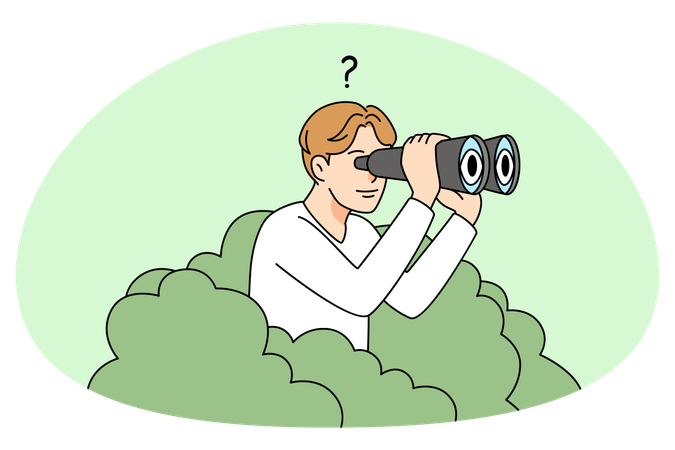 Man looking in binoculars from bush  Illustration