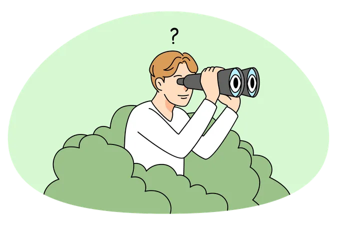 Man looking in binoculars from bush  Illustration