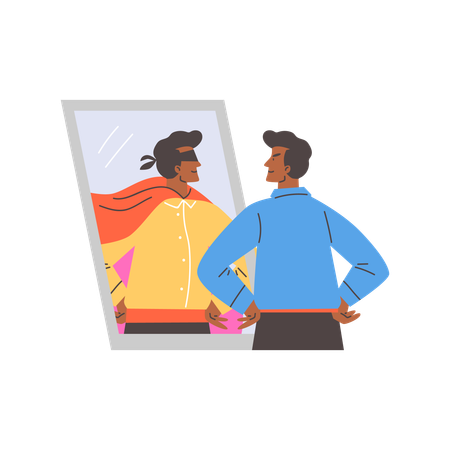 Man looking in mirror and sees superhero in reflection  Illustration