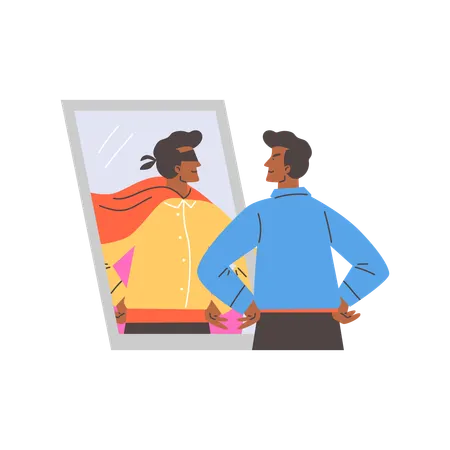 Man looking in mirror and sees superhero in reflection  Illustration