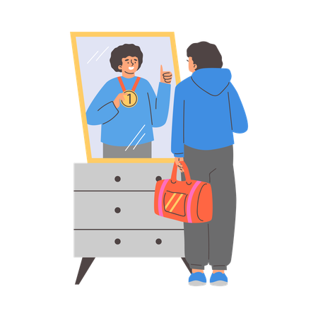 Man looking in mirror while imagines himself winner  Illustration