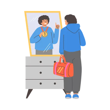Man looking in mirror while imagines himself winner  Illustration