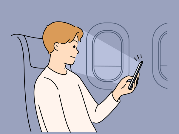 Man looking in to mobile in flight  Illustration