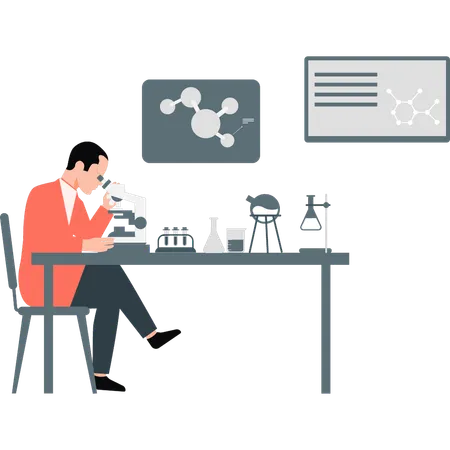 Man looking into microscope in  laboratory  Illustration