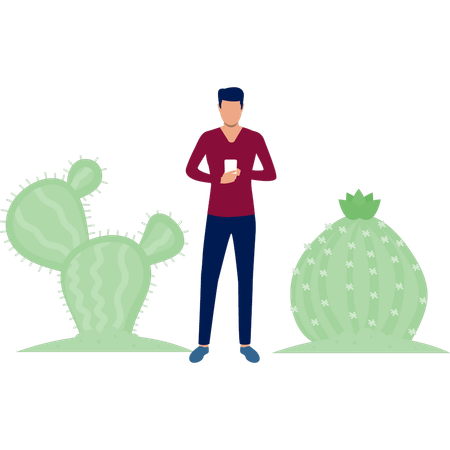 Man looking mobile near cactus plant  Illustration