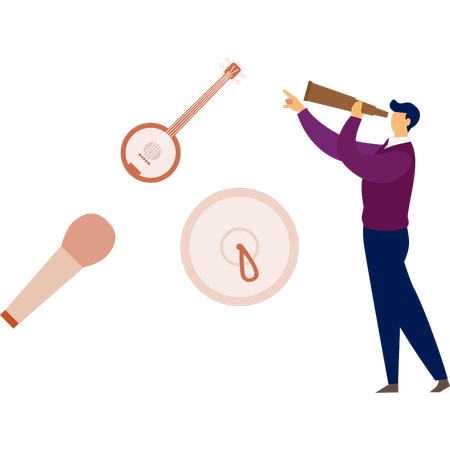 Man looking musical instrument by spyglass  Illustration