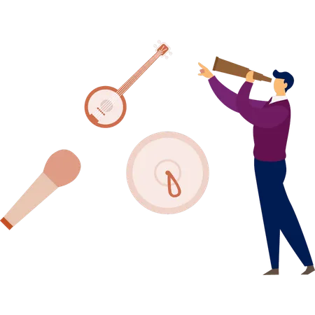 Man looking musical instrument by spyglass  Illustration