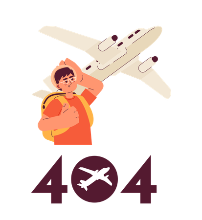 Man looking on plane with error 404 flash message  일러스트레이션