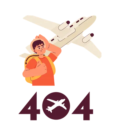 Man looking on plane with error 404 flash message  Illustration