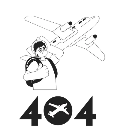 Asian Man Looking On Plane Black White Error 404 Flash Message Monochrome Empty State Ui Design Page Not Found Popup Cartoon Image Vector Flat Outline Illustration Concept Illustration