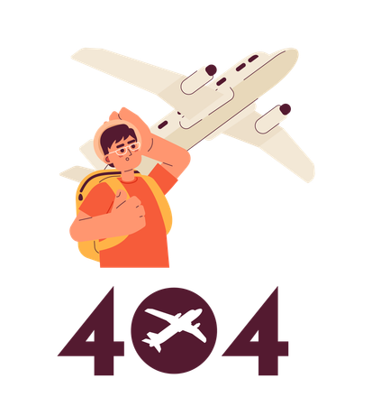 Man looking on plane with error 404 flash message  Illustration