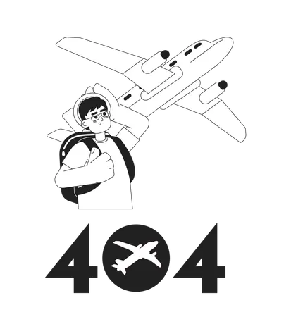 Man looking on plane with error 404 flash message  Illustration