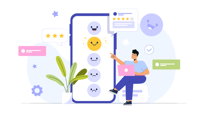モバイルでオンラインフィードバックを探している男性  イラスト