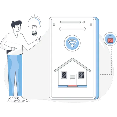 モバイルでスマートホームを探している男性  イラスト