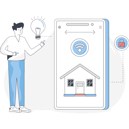 Man Looking Smart Home On Mobile  Illustration