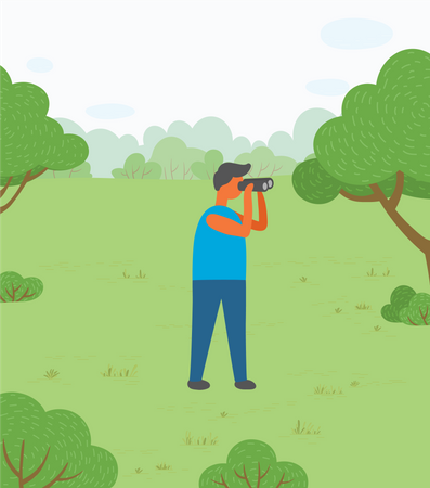 Man Looking Through Binoculars at Nature  Illustration