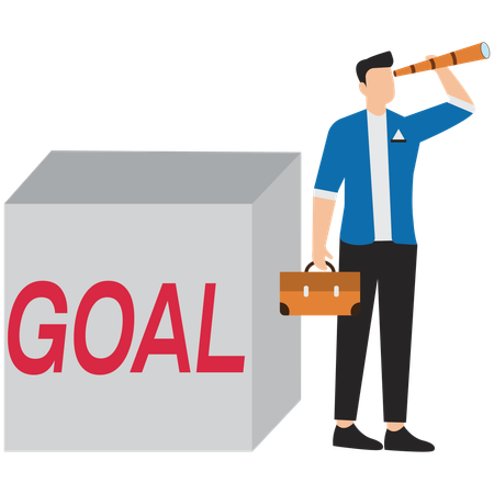 Man looking through binoculars near cubes with goal  Illustration