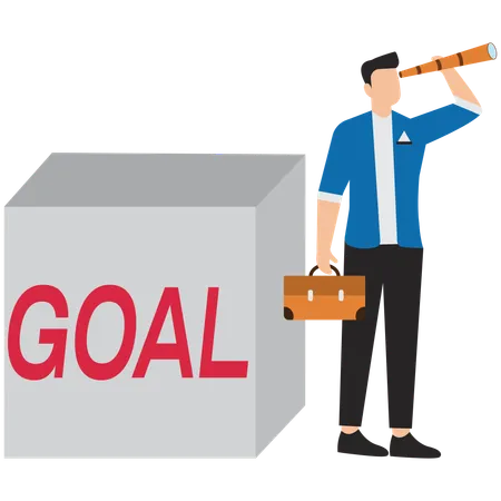 Man looking through binoculars near cubes with goal  Illustration