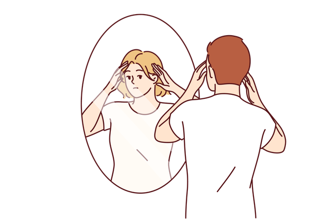 Man looks at his sad face in mirror  Illustration