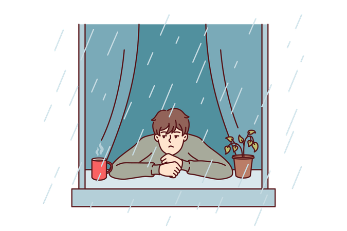 Man looks at rain from window  Illustration