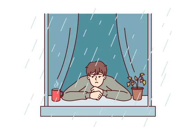 Melancholic Man Looks At Rain From Window With Head On Sill Near Coffee Mug With Hot Drink Melancholic Guy Experiences Stress Turning Into Apathy After Onset Of Autumn Due To Lack Of Sunlight Illustration