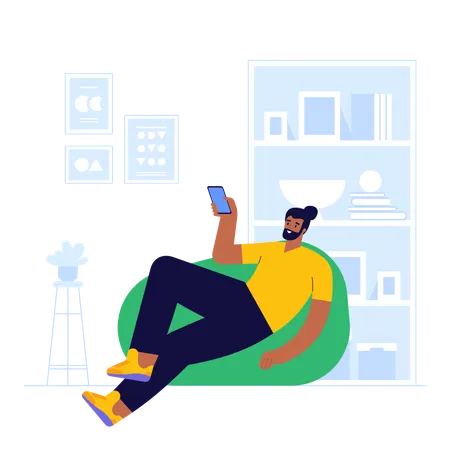 Man looks at smartphone while sitting on beanbag  Illustration