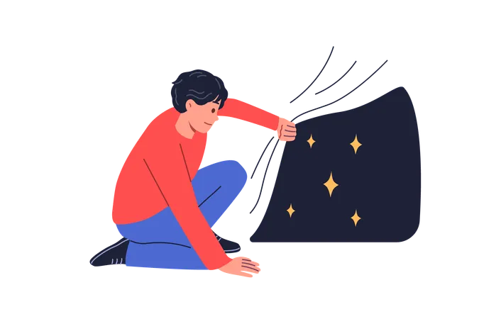 Man looks at starry sky hidden under fabric experiencing curiosity at sight of unknown starry space  Illustration
