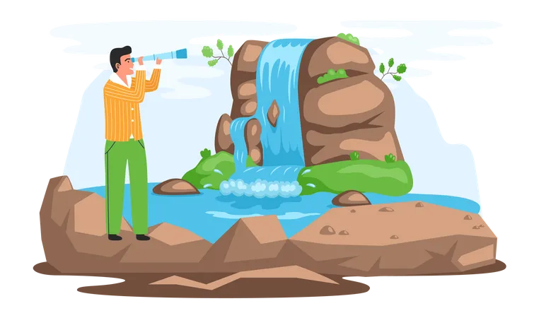 Man looks at waterfall during travel Illustration