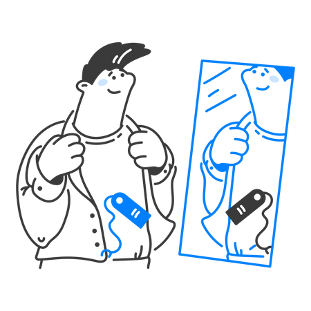 Man looks in the dressing room mirror  Illustration
