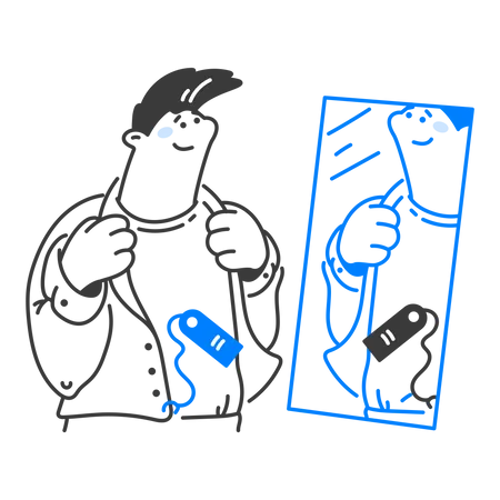 Man looks in the dressing room mirror  Illustration