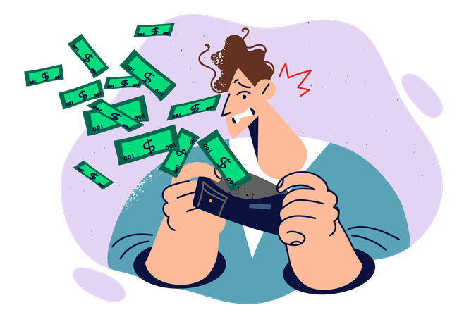 Man looks in wallet with money flying out and cannot control expenses due to lack financial literacy  Illustration