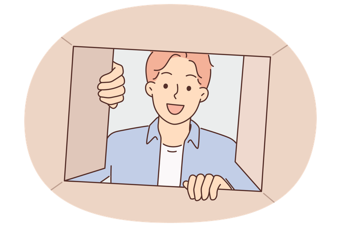 Man looks into cardboard box and looks inside with curiosity after receiving order from courier  Illustration