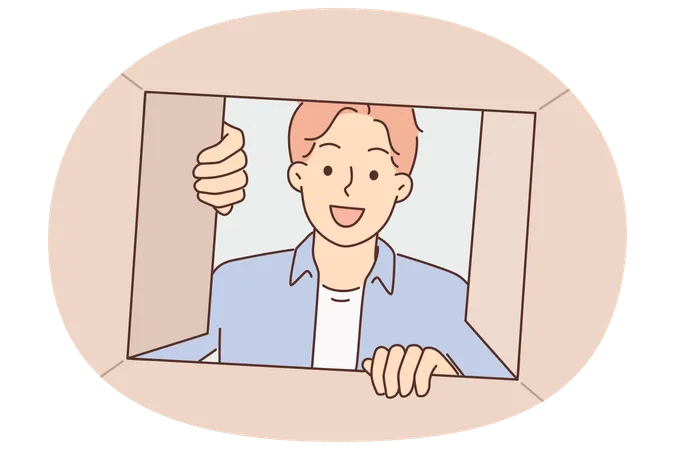Man looks into cardboard box and looks inside with curiosity after receiving order from courier  Illustration