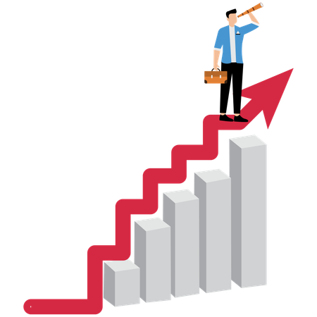 Man looks through binoculars at top of graph  Illustration