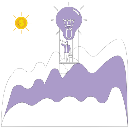 Man looks through binoculars on air balloon  Illustration