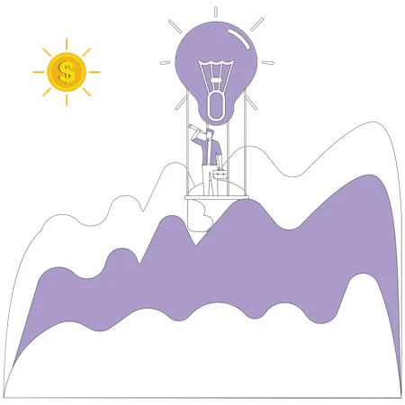 Man looks through binoculars on air balloon  Illustration