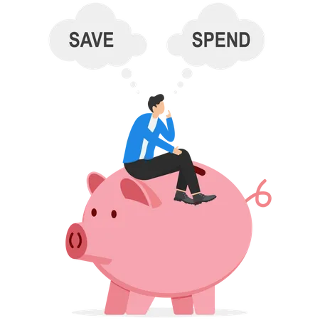 Money Decision Save Or Spend Financial Options When Receiving Bonus Or Extra Money Choose To Invest Or Pay Off Debt Concept Doubtful Man Lotus Sitting On Piggy Bank Think Save Or Spend Choice Illustration