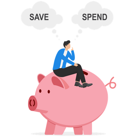 Man lotus sitting on piggy bank think save or spend choice Illustration