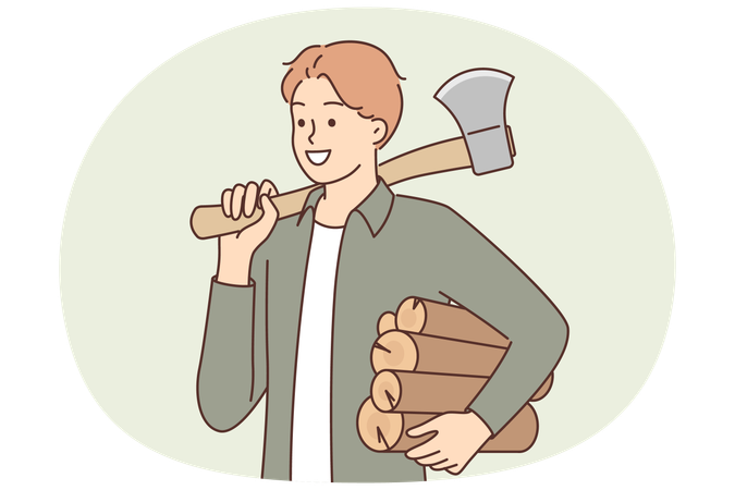 Man lumberjack holds ax and logs for making fire during hike or camping with night halt  Illustration